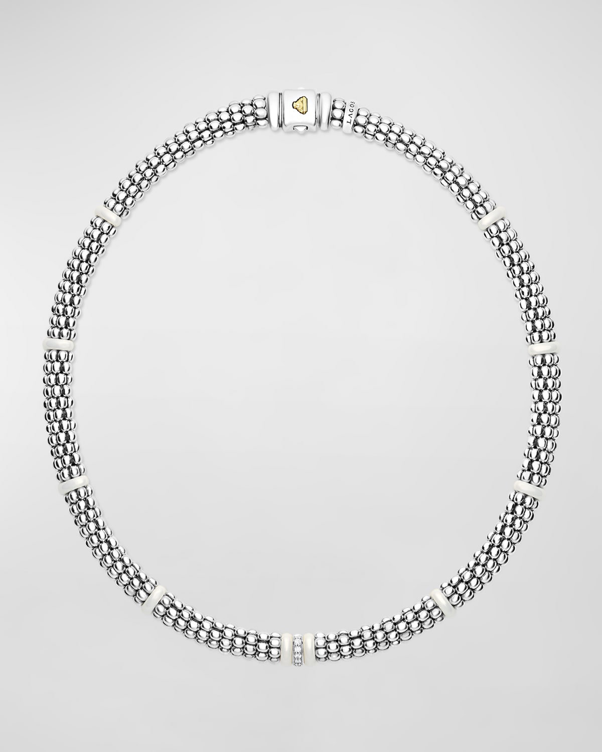 LAGOS STERLING SILVER AND GOLD WHITE CAVIAR WHITE CERAMIC DIAMOND LINK NECKLACE