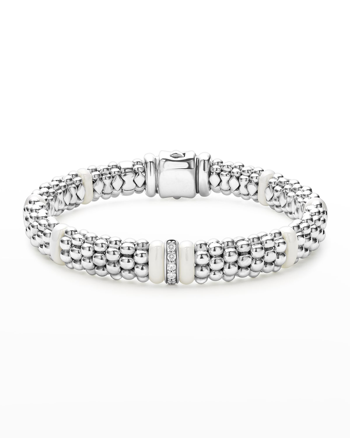 Sterling Silver and Gold White Caviar White Ceramic Diamond Link Bracelet