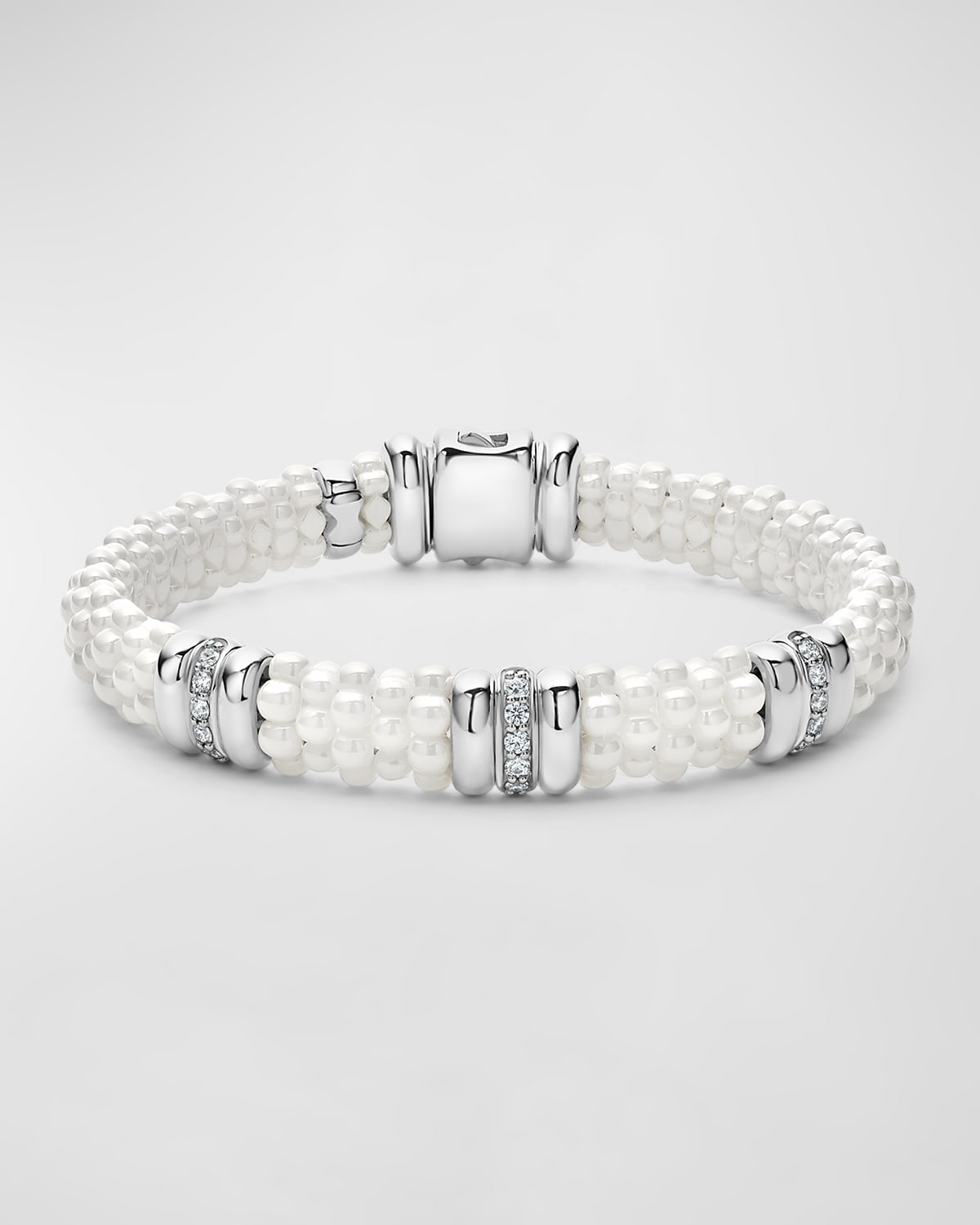 Sterling Silver and Gold White Caviar White Ceramic 3-Station Diamond 1-Row Bracelet