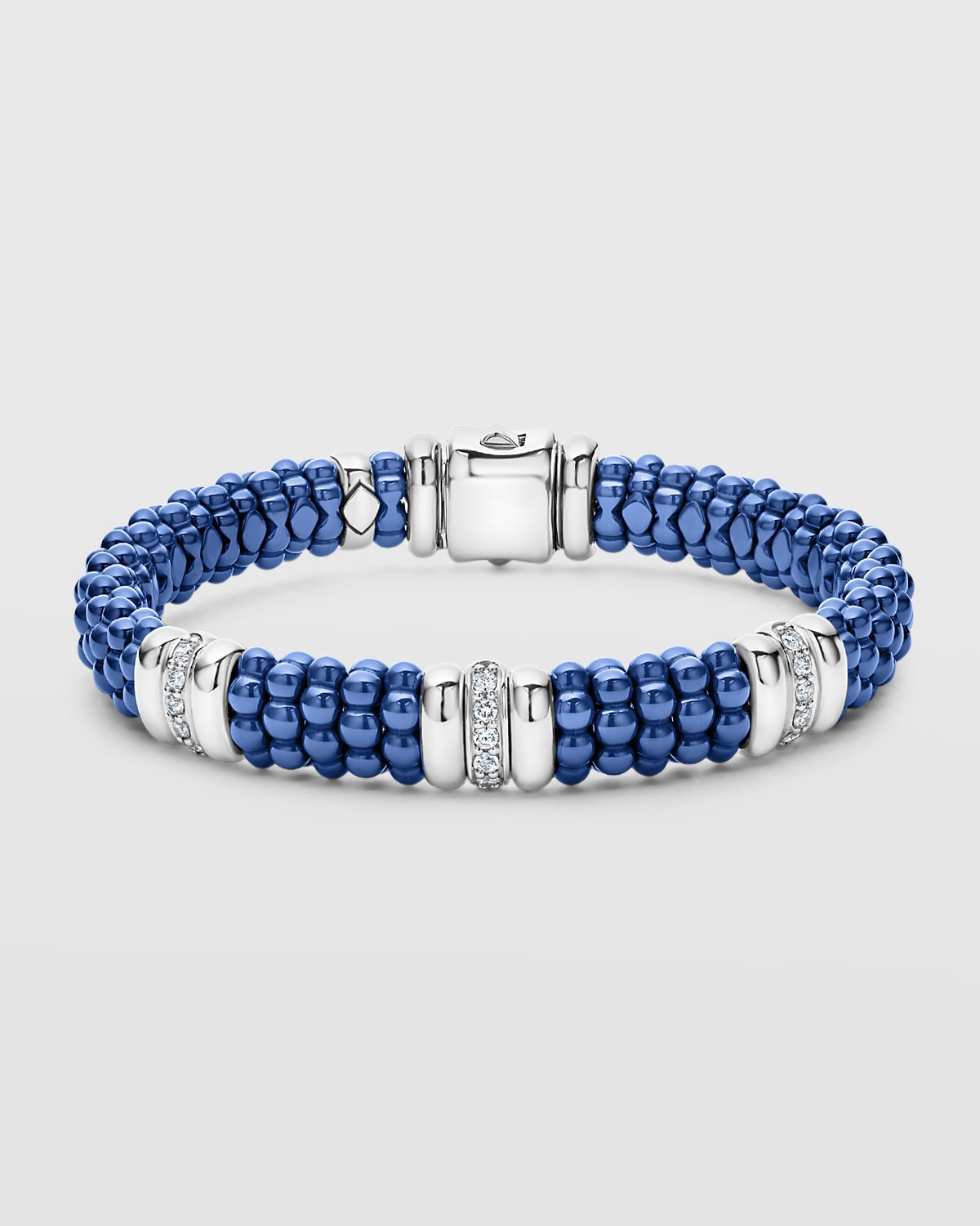 Blue Caviar Ultramarine Ceramic 3-Stations with 1-Diamond Row 9mm Rope Bracelet