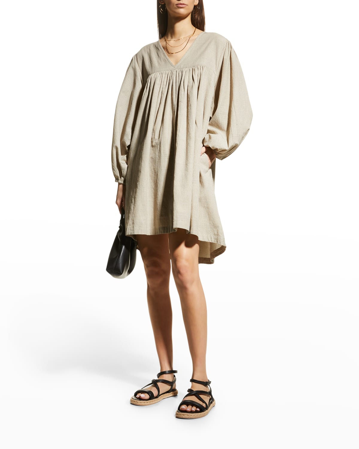 Laude The Label Ruched Long-sleeve Mini Dress In Sand Grid Cotton
