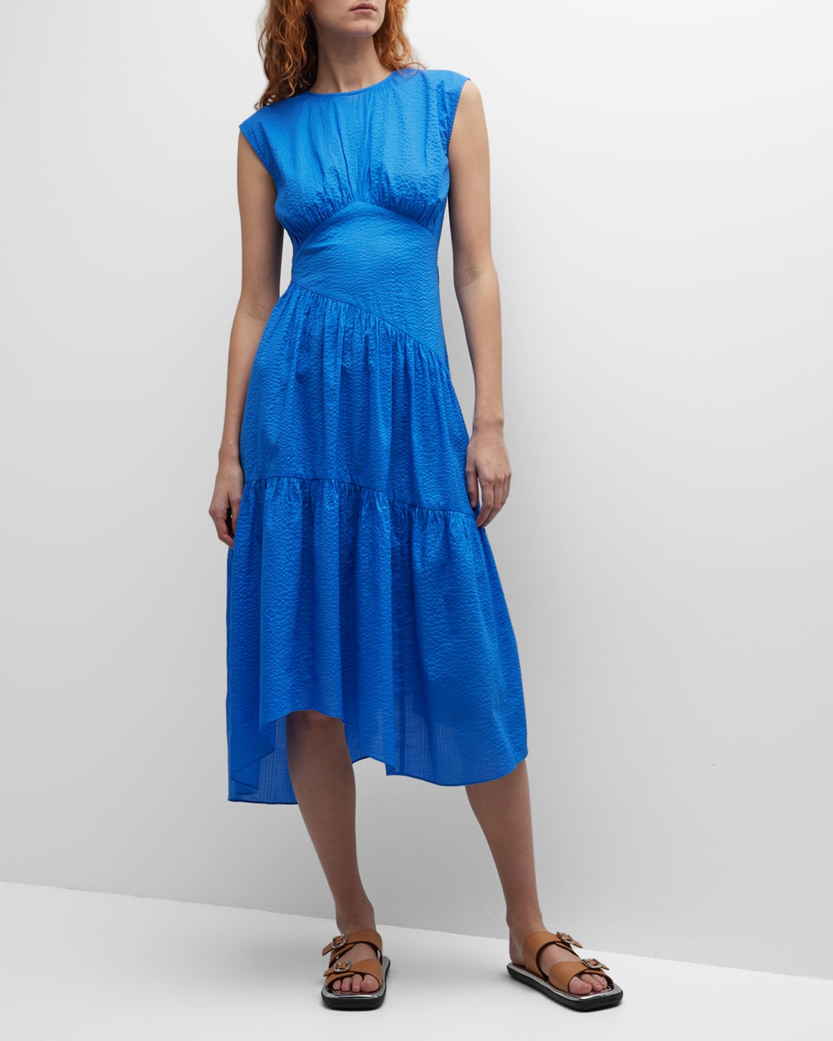 Frame Gathered-seam Midi Dress In Cornflower Blue
