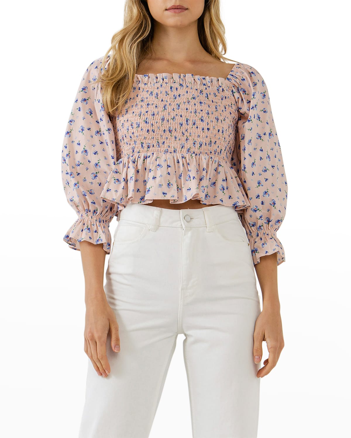 English Factory Floral Smocked Puff-sleeve Peplum Top In Blush