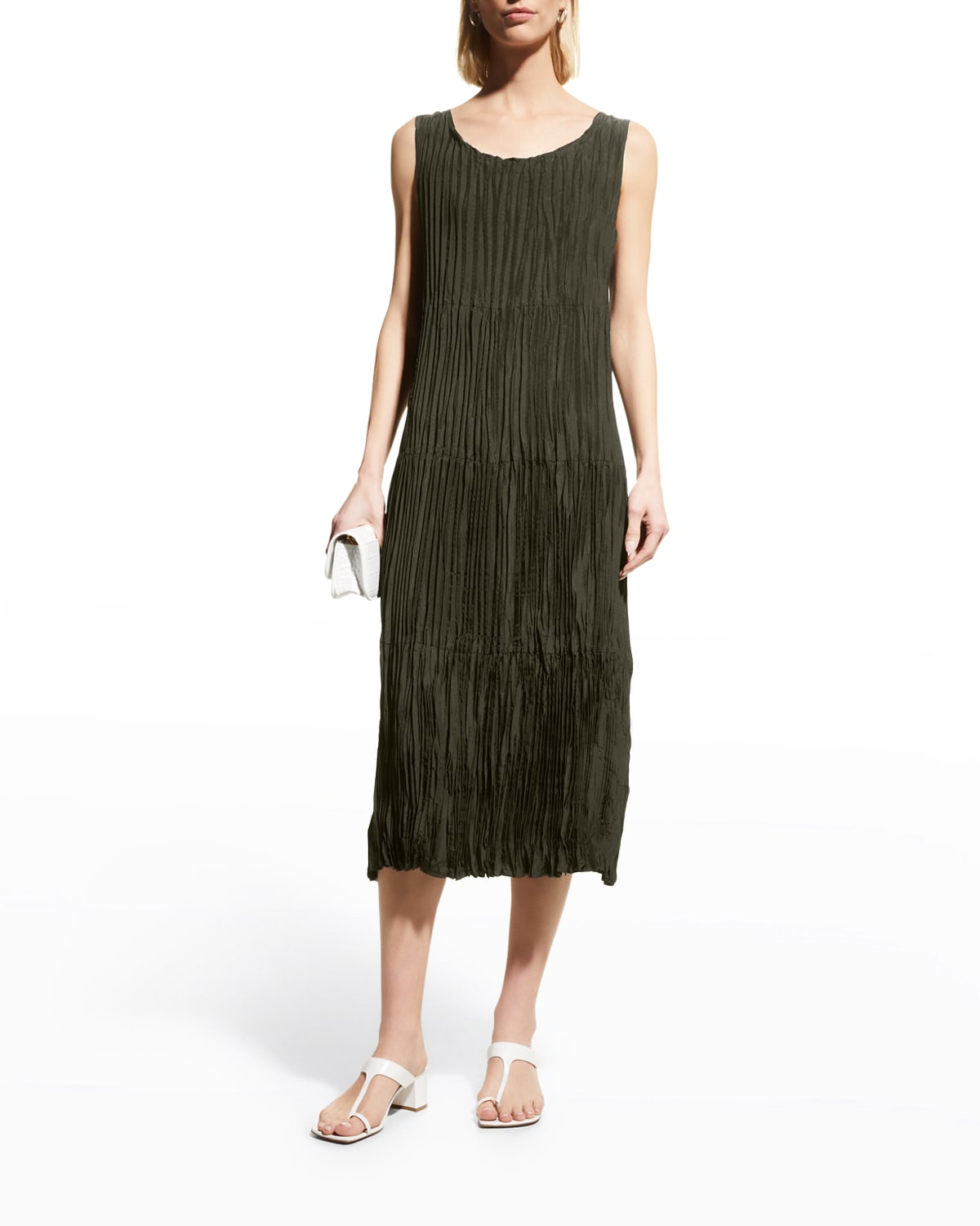 Eileen Fisher Sleeveless Crushed Silk Dress In Seaweed
