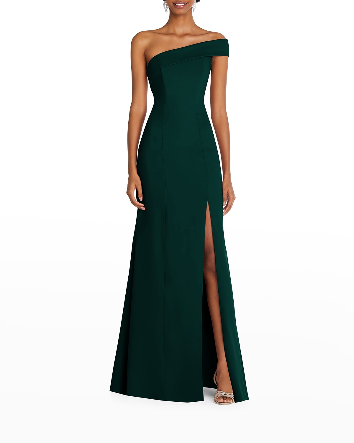 After Six Asymmetrical Off-the-shoulder Cuff Trumpet Gown With Front Slit In Evergreen