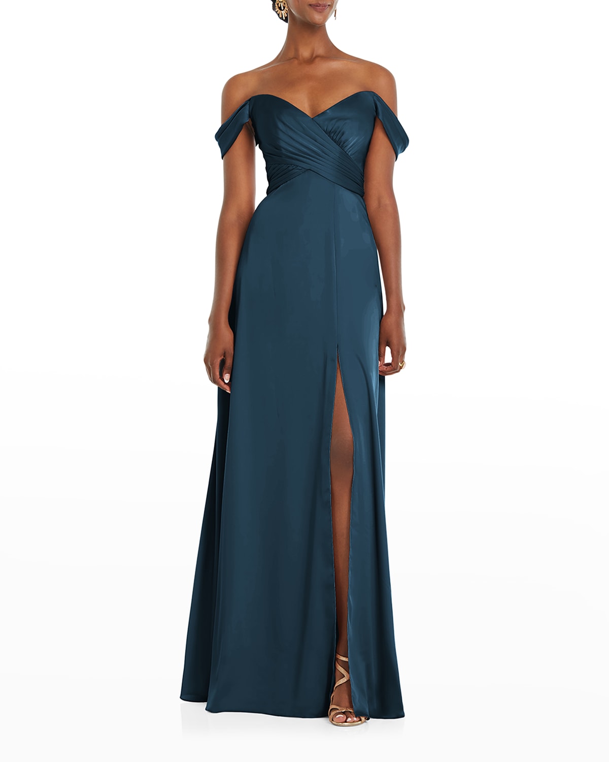 DESSY COLLECTION OFF-THE-SHOULDER FLOUNCE-SLEEVE GOWN