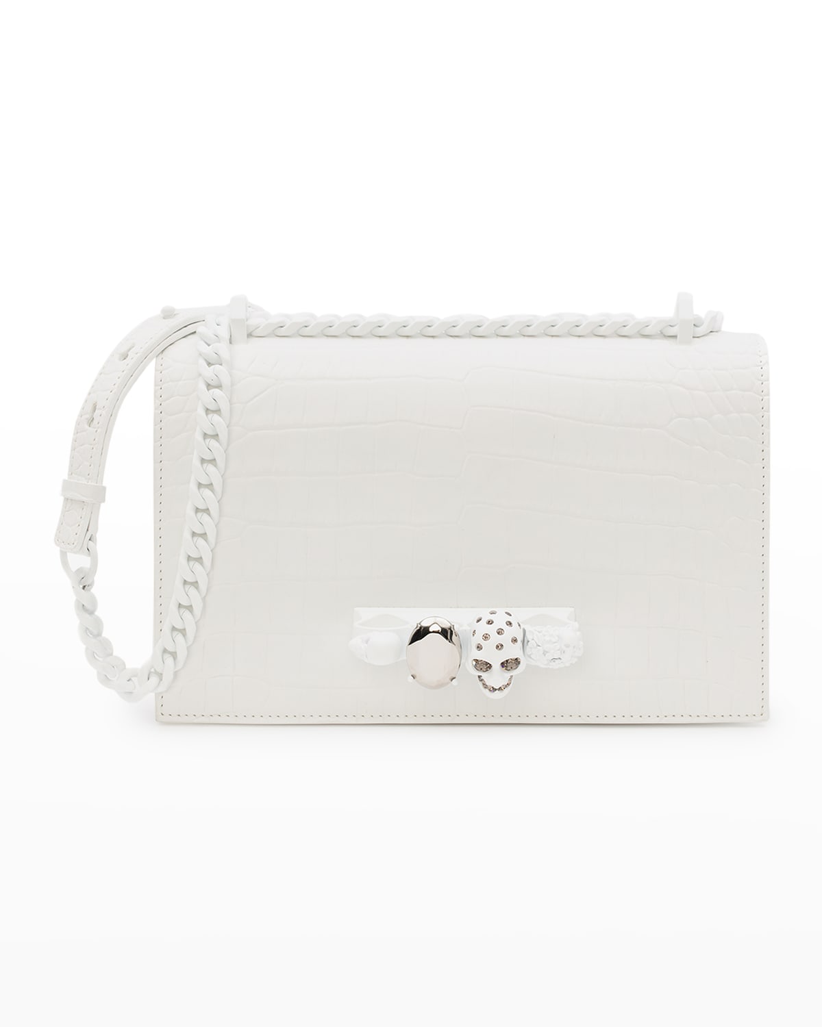 Alexander Mcqueen Jeweled Croc-embossed Leather Satchel In White