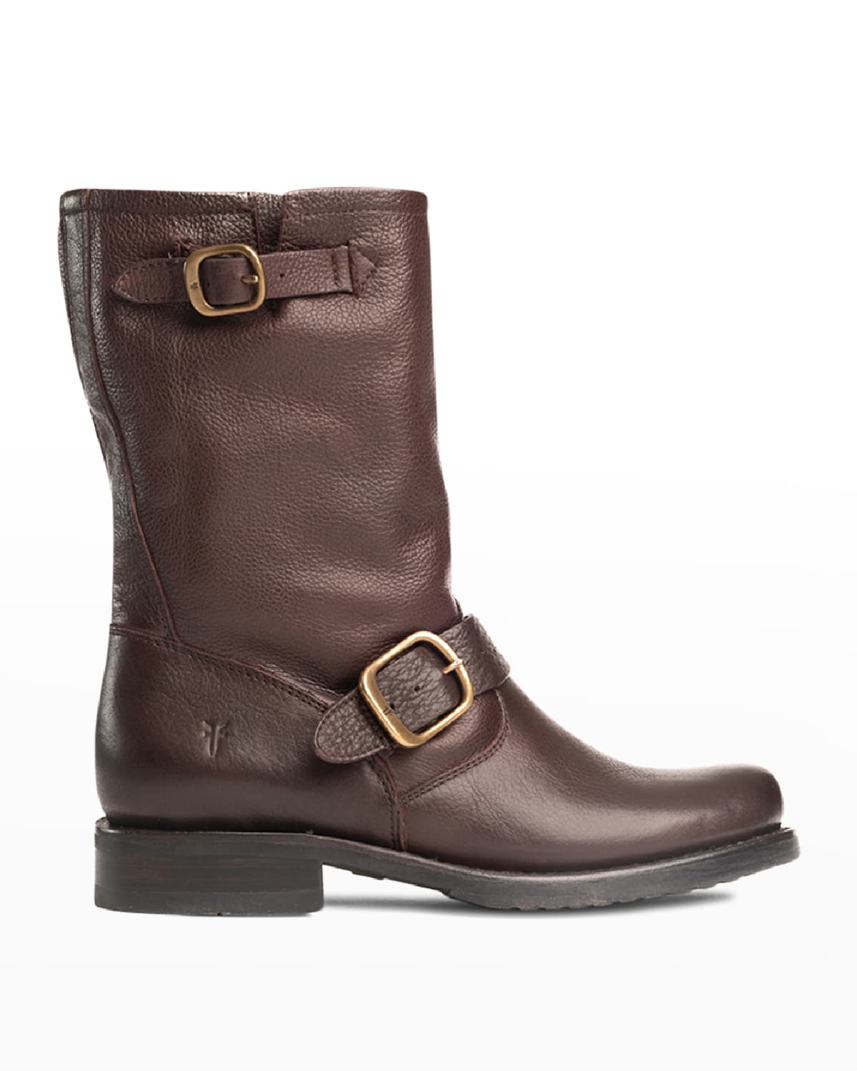 FRYE VERONICA LEATHER BUCKLE SHORT MOTO BOOTS