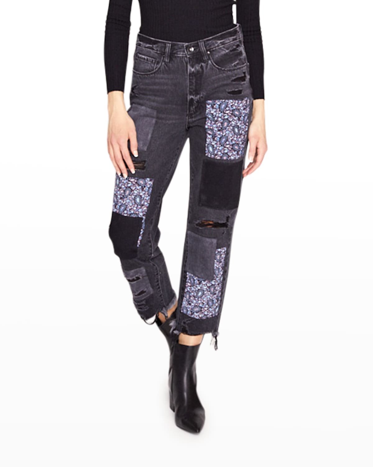 Blue Revival Paisley Patchwork Straight Leg Jeans In Black Stone