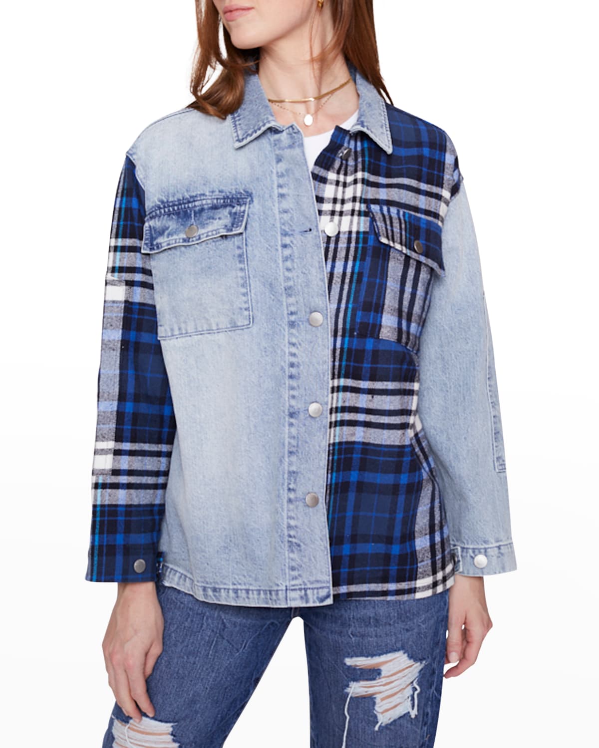Blue Revival Your Ex Boyfriend's Denim And Plaid Shacket In Blue Plaid And Ibiza