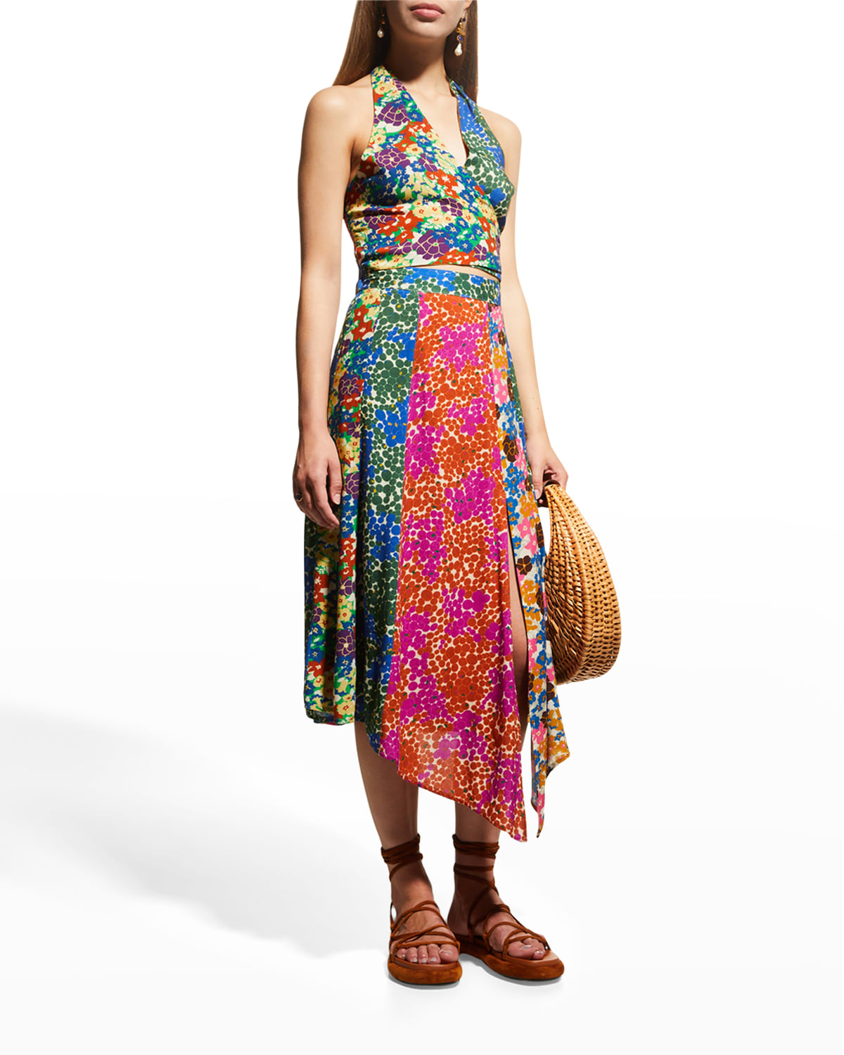 LOVE THE LABEL Asymmetric-Hem Floral Midi Slit Skirt