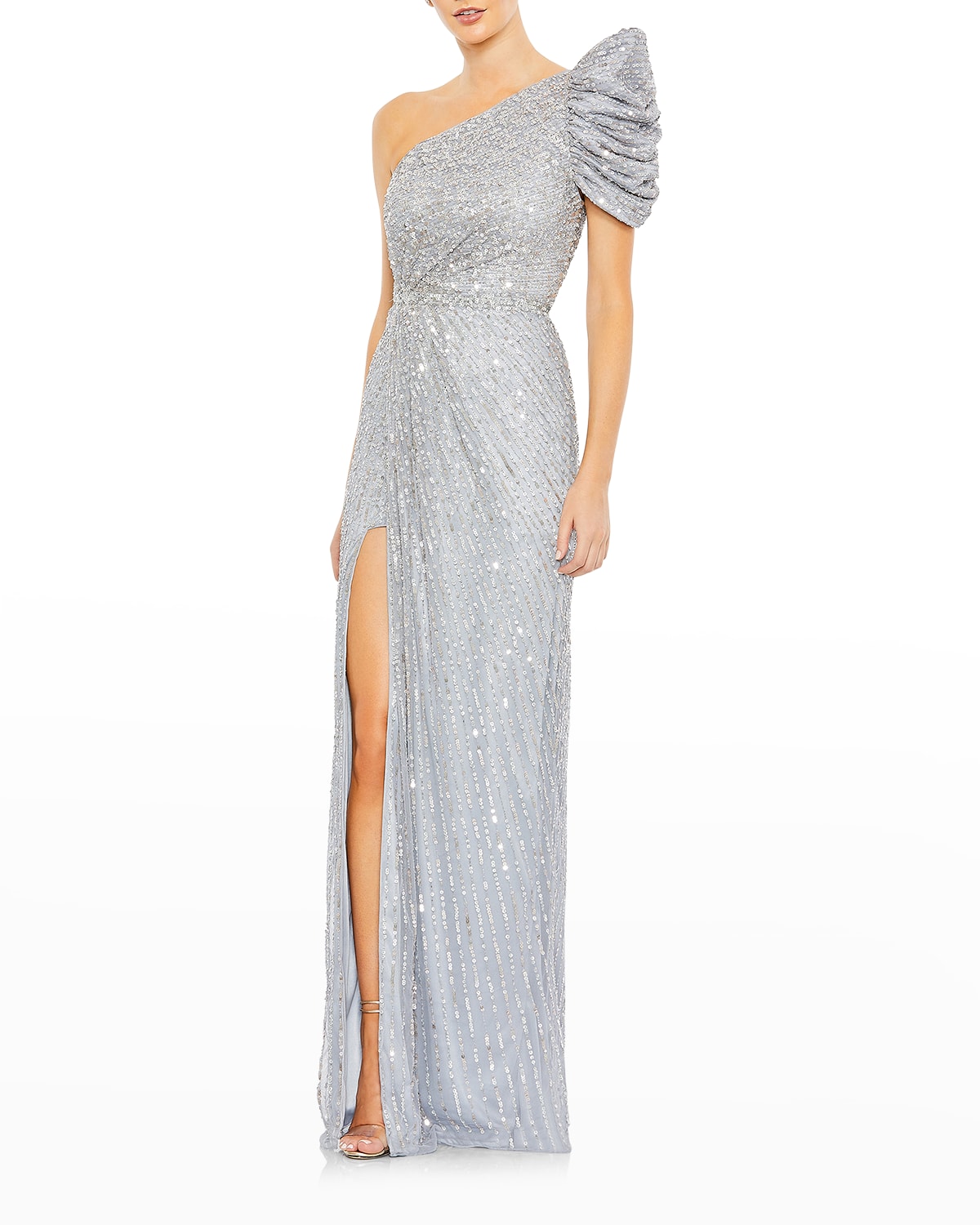 Mac Duggal One-shoulder Sequin A-line Gown In Silver