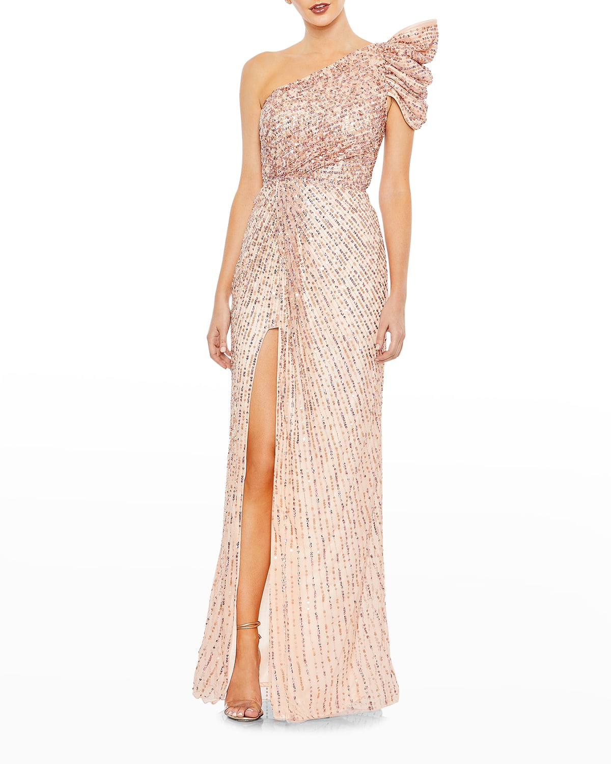 Mac Duggal One-shoulder Sequin Wrap Gown In Apricot