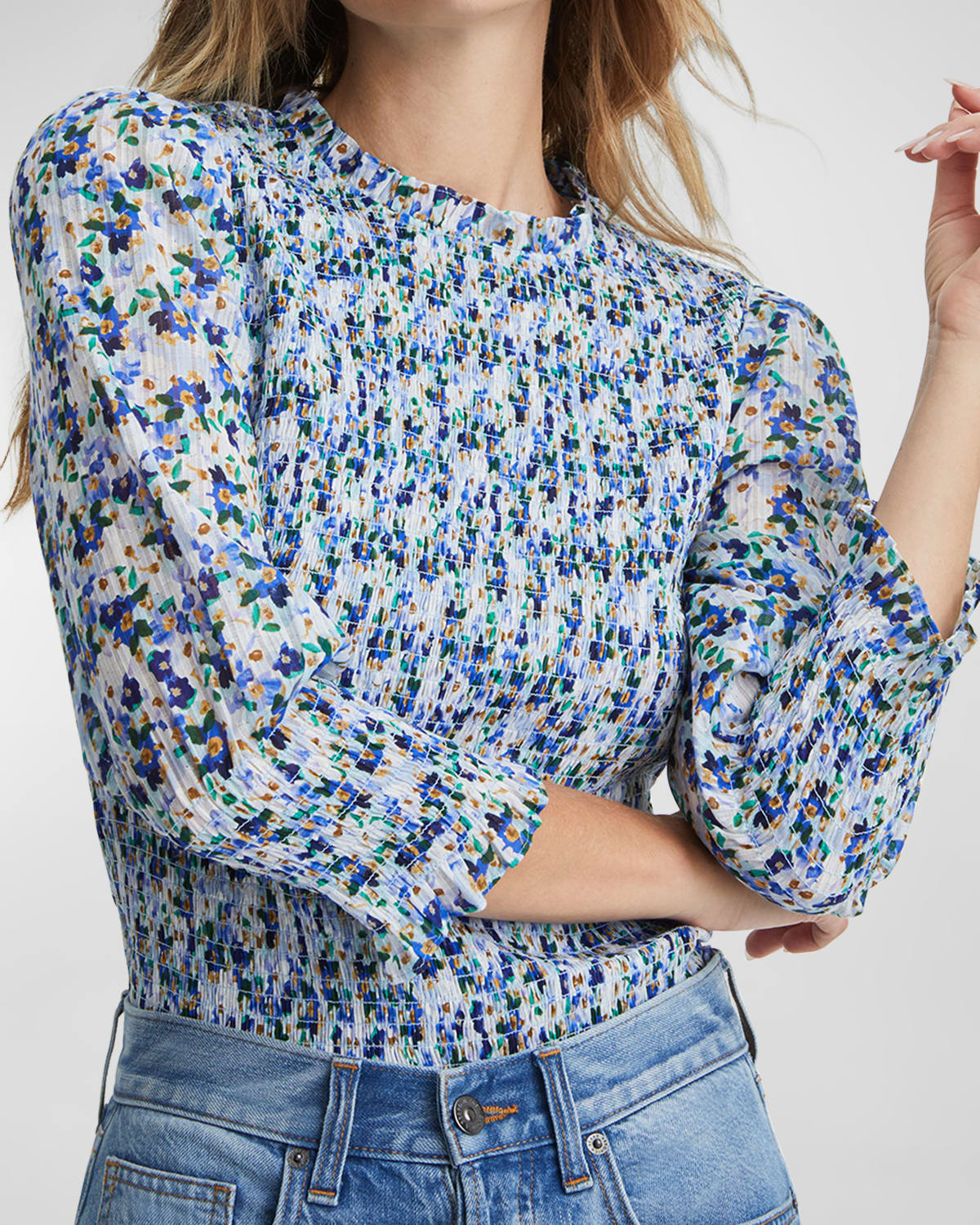 Veronica Beard Kali Floral Smocked Three-quarter Sleeve Top In Multi