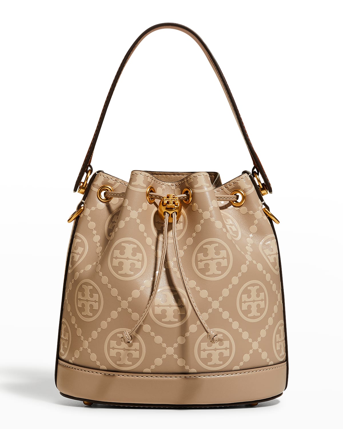Tory Burch T Monogram Embossed Bucket Bag In Longan New Cream