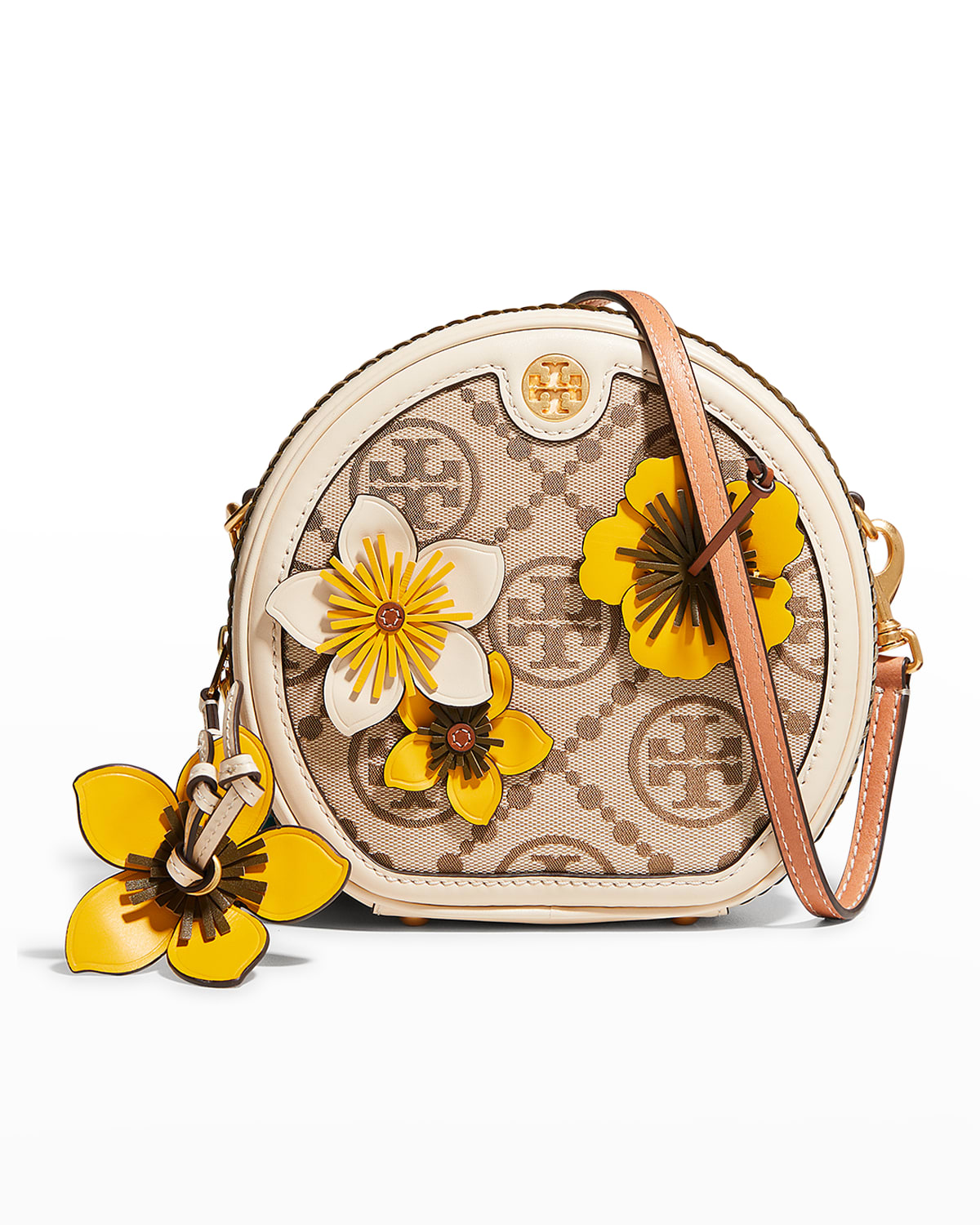 Tory Burch T Monogram Braided Floral Shoulder Bag In Hazelnut