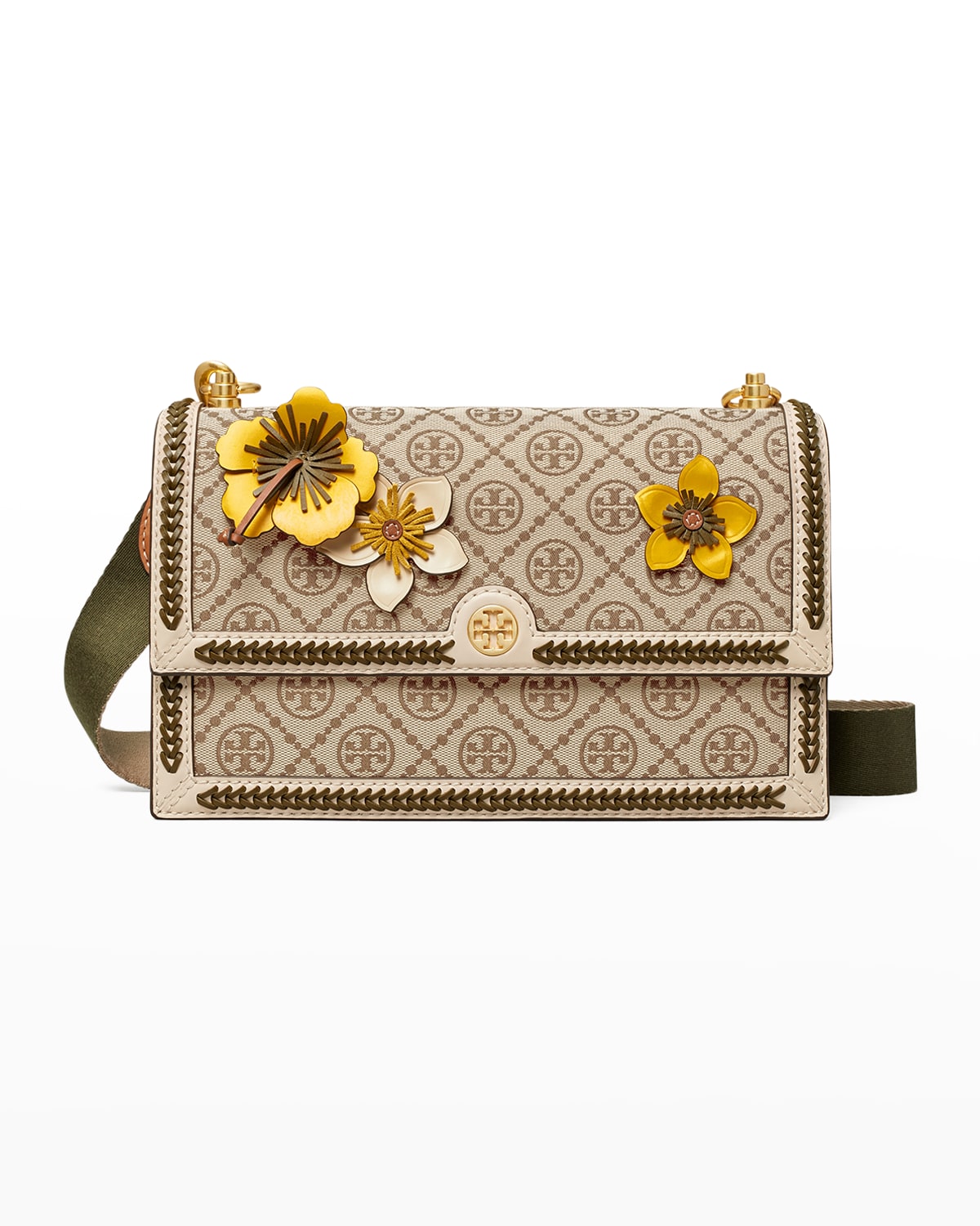 Tory Burch T Monogram Braided Floral Shoulder Bag In Hazelnut