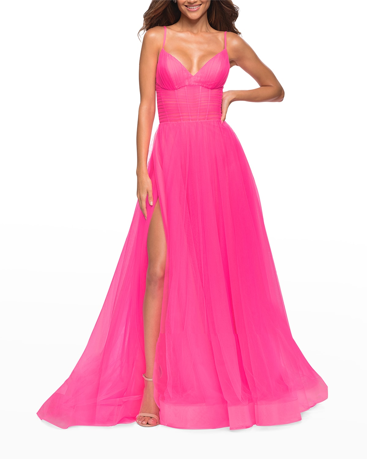 La Femme Neon Tulle Corset-Bodice A-Line Gown