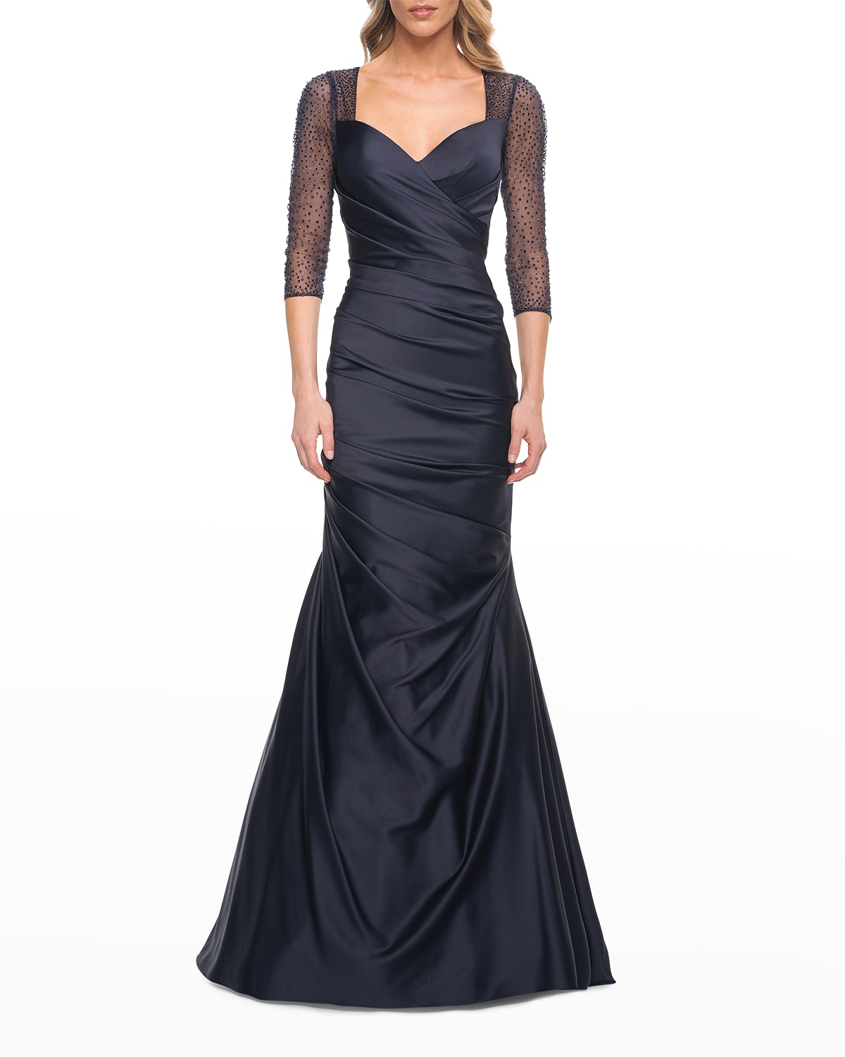 La Femme Illusion Beaded Sleeve Mermaid Satin Pleated Gown In Navy
