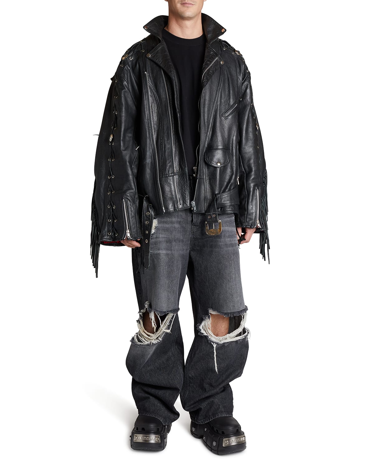 Balenciaga Men's Upcycled Leather Biker Jacket In Noir