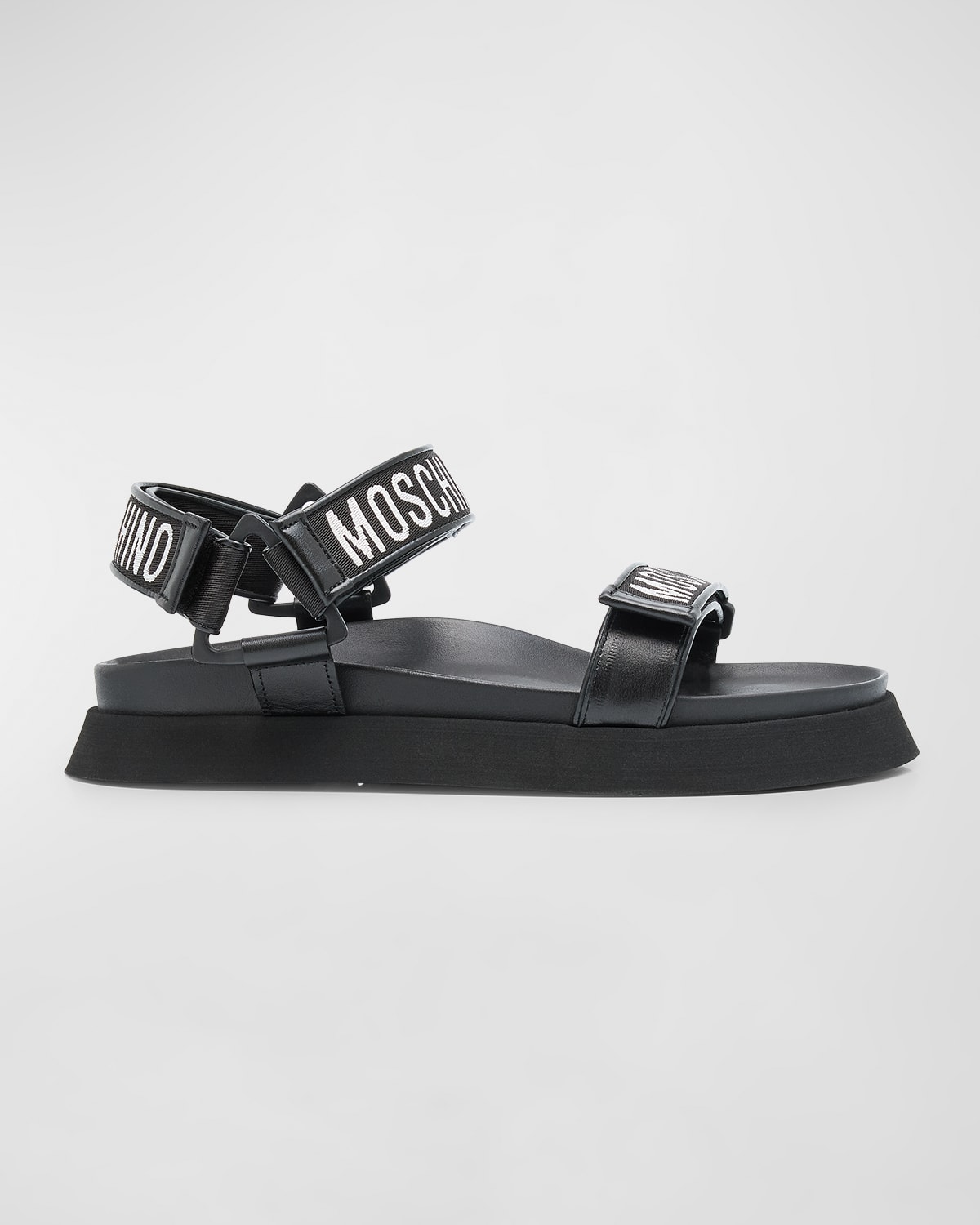 Shop Moschino Men's Leather Logo Tape Platform Sandals In Black