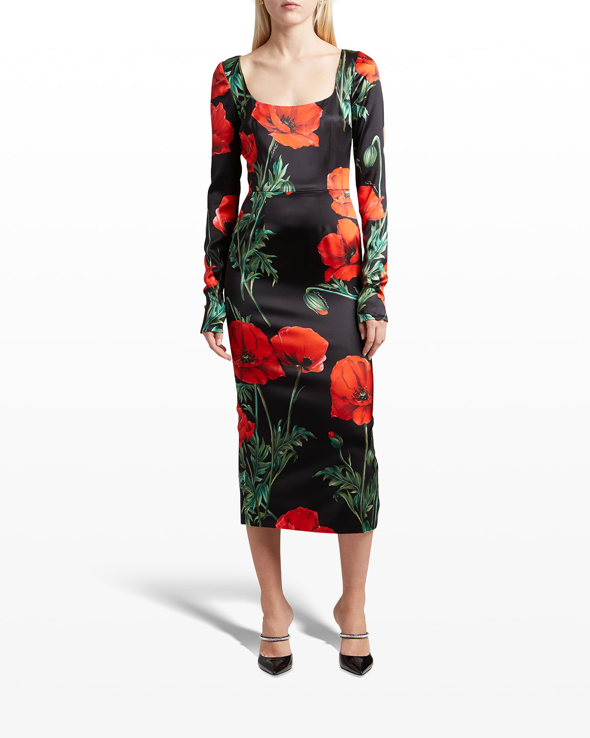 Dolce & Gabbana Poppy Long-Sleeve Silk Midi Dress