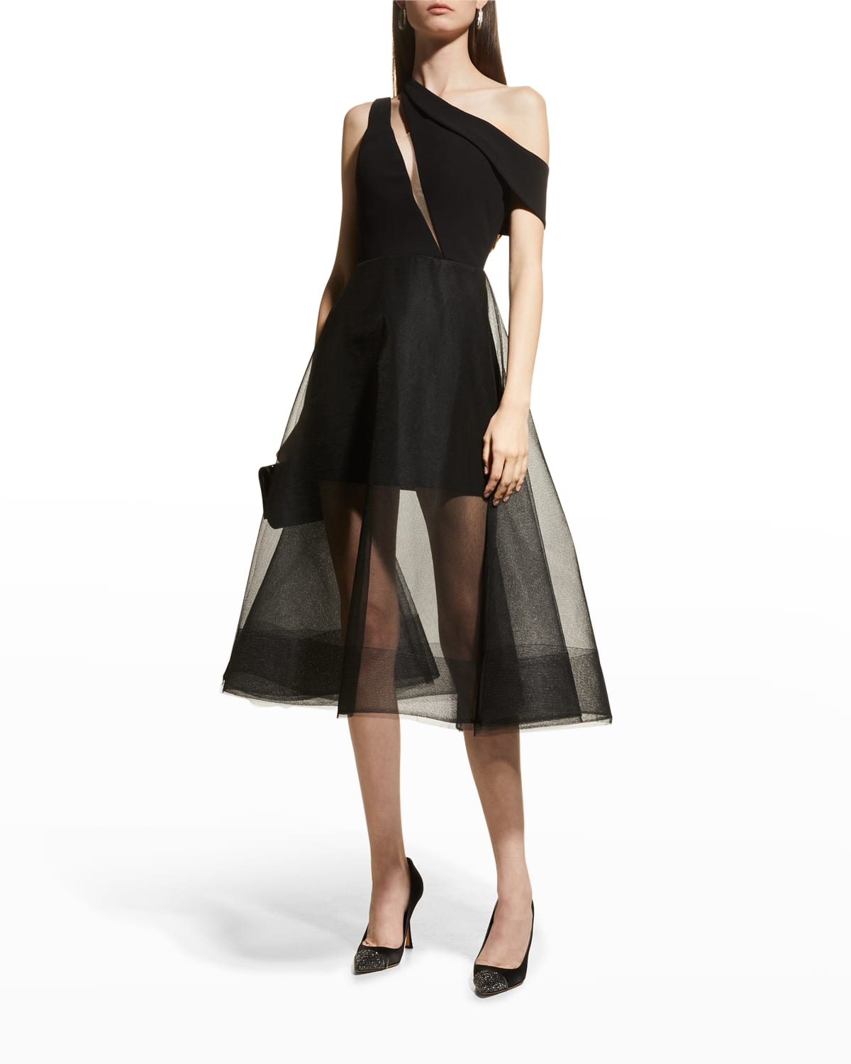 Romona Keveza Slash Cutout Dress W/ Overskirt In Black