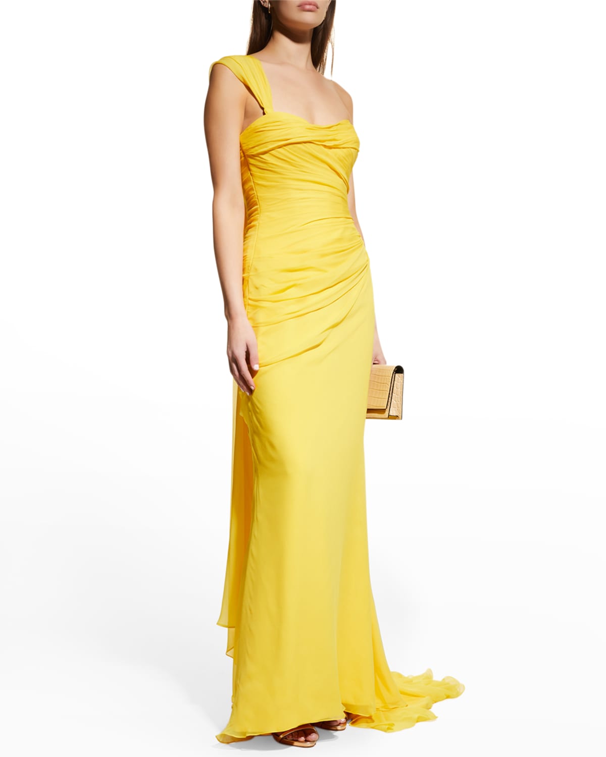Romona Keveza Draped One-shoulder Silk Gown In Yellow