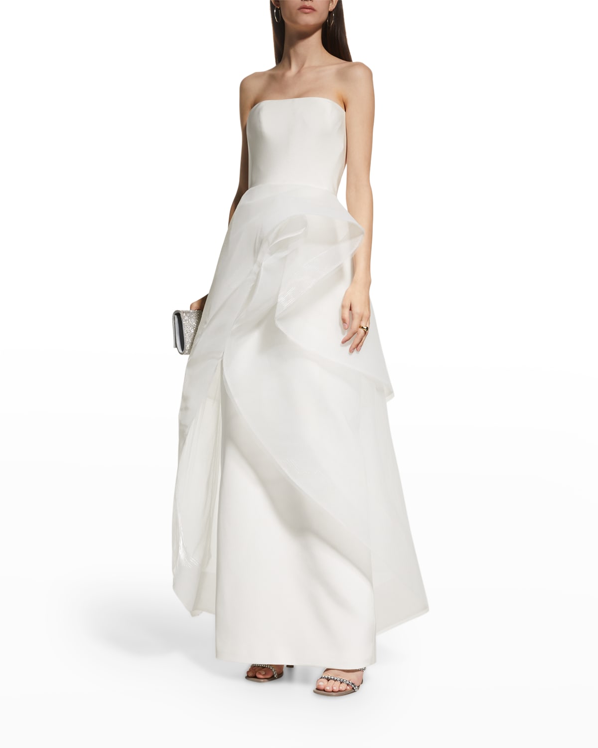 Romona Keveza Strapless Draped Overskirt Gown In Pearl