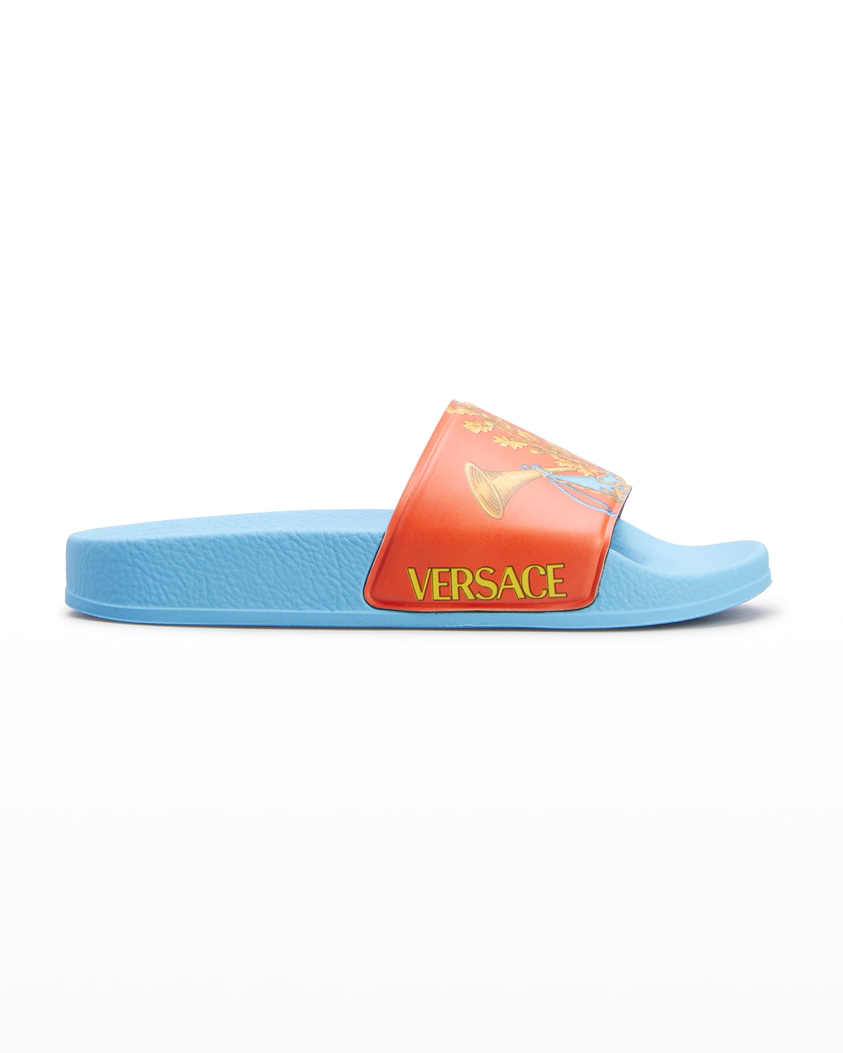 Versace Kid's Barocco Goddess-print Slide Sandals In Spritz Dv Blue