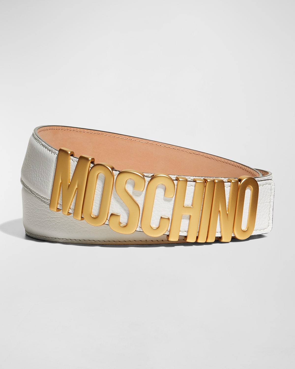 Shop Moschino Men's Leather Logo Belt In White