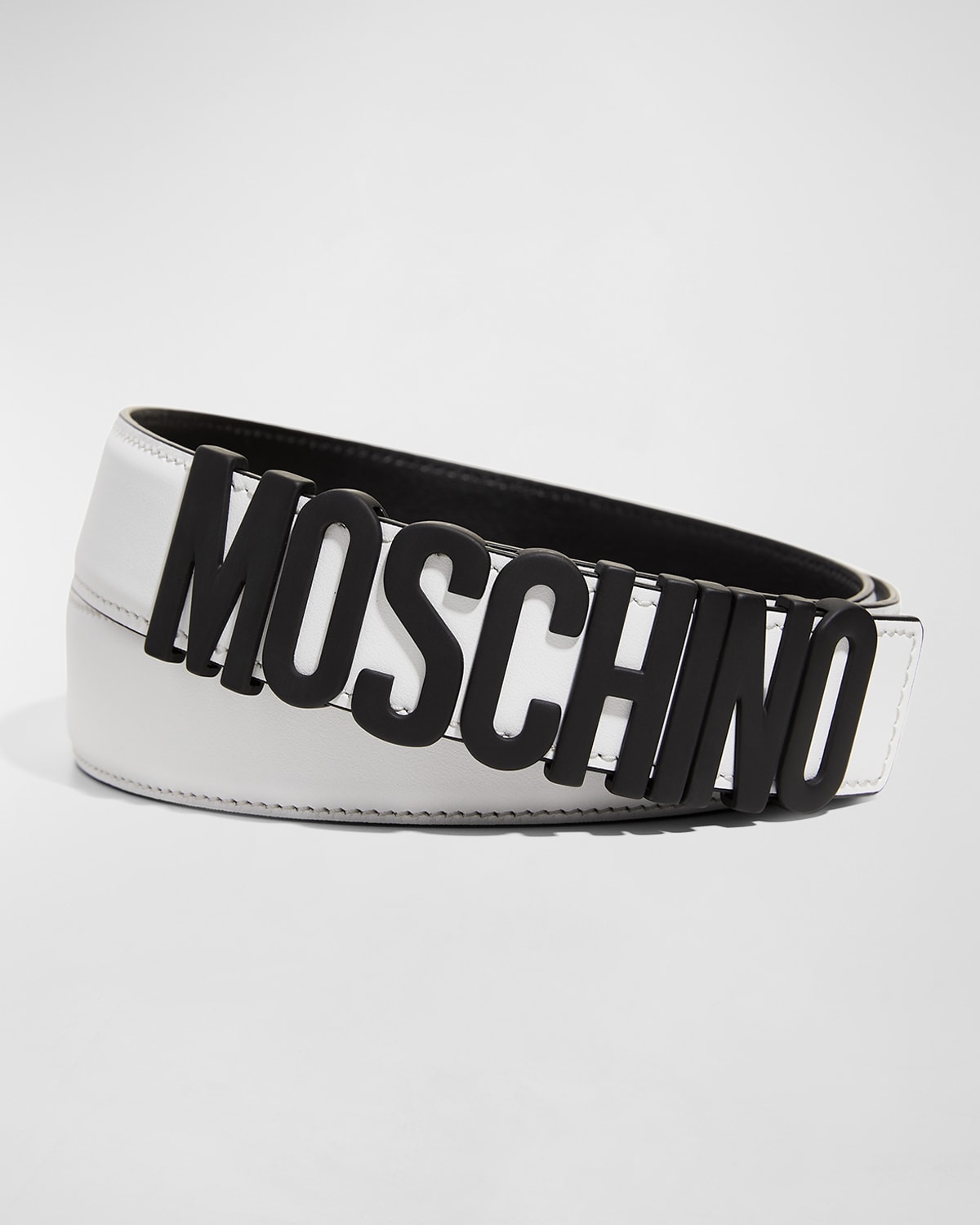 Shop Moschino Men's Leather Logo Belt In White Multi