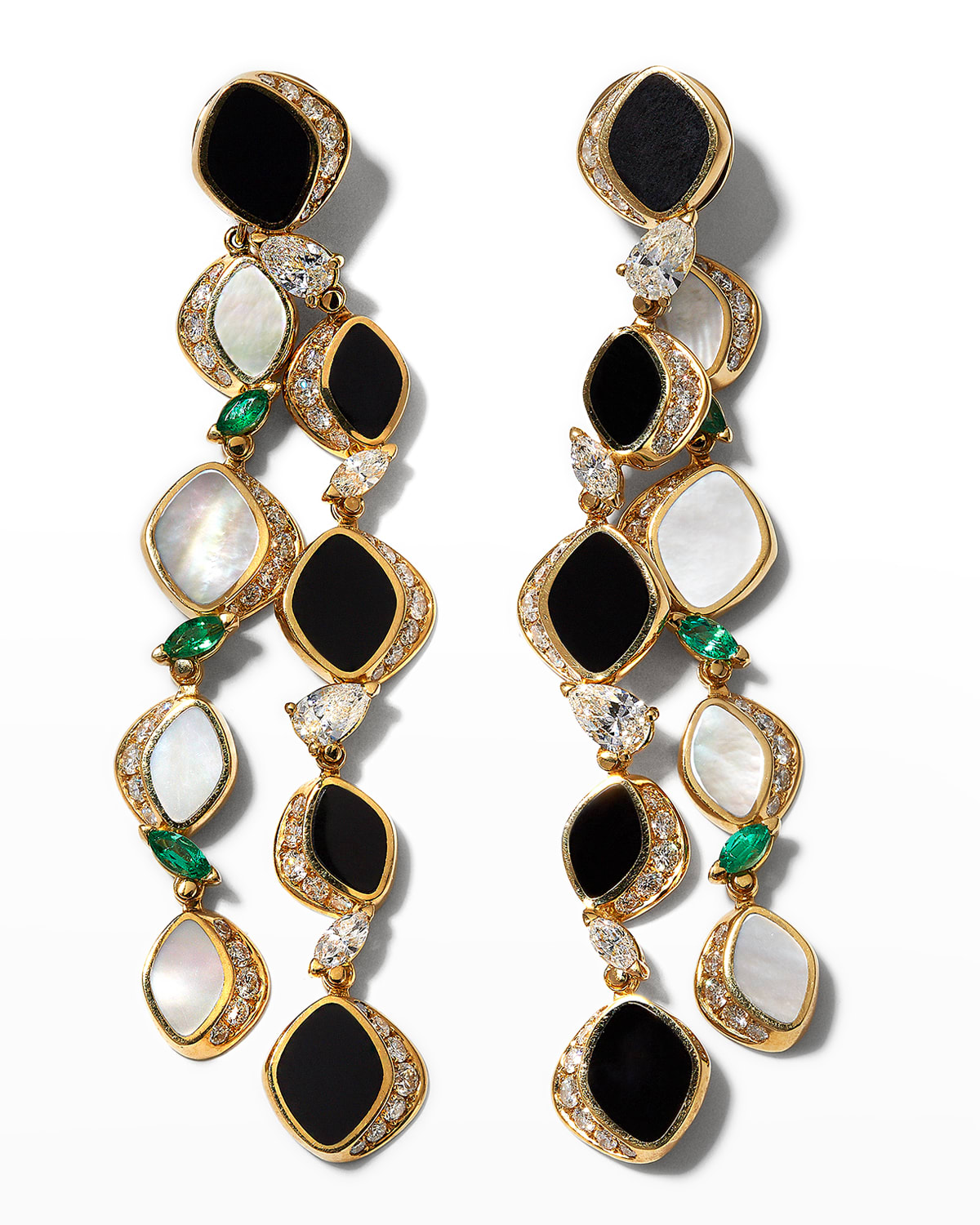 Vendorafa Yellow Gold Pebble Earrings With Mother-of-pearl, Diamonds And Emeralds