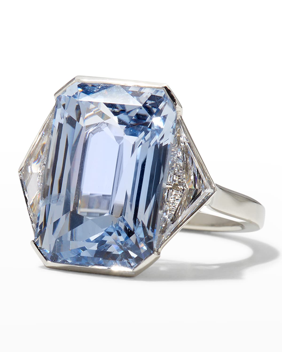 Platinum Emerald-Cut Natural Sapphire and Trillion Diamond Ring