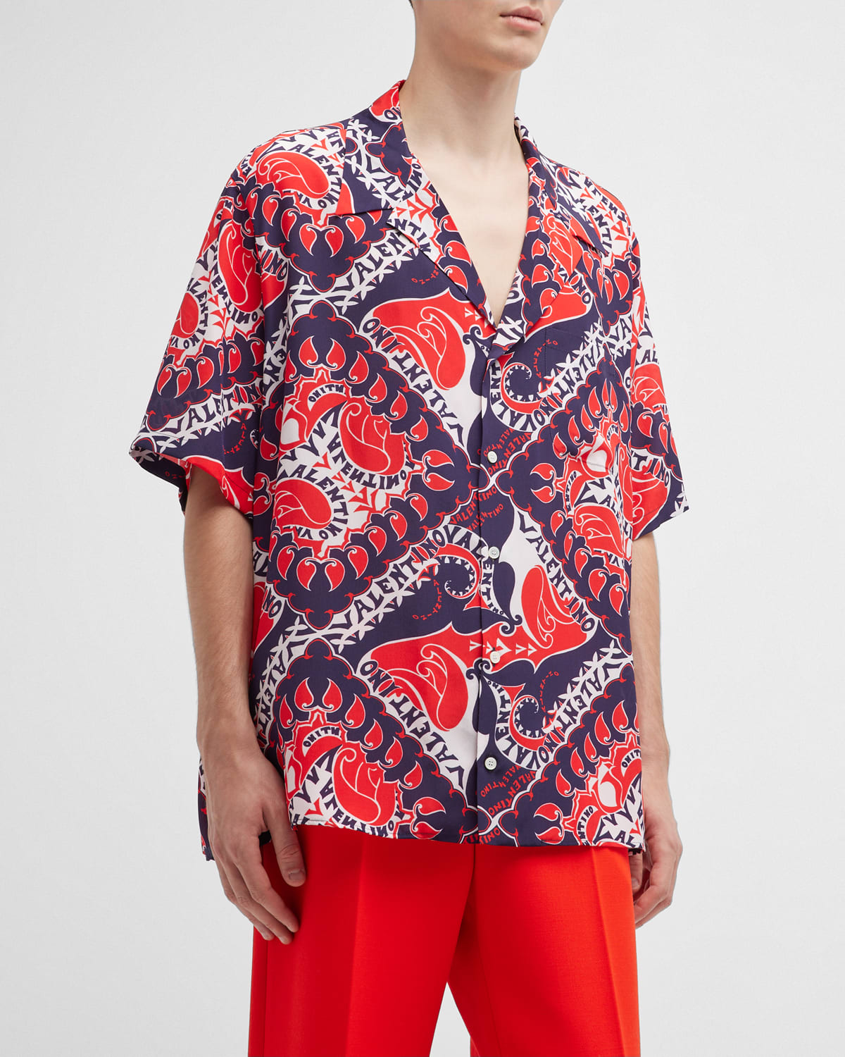Valentino Bandana-print Short-sleeve Silk Shirt In Red/white/blue