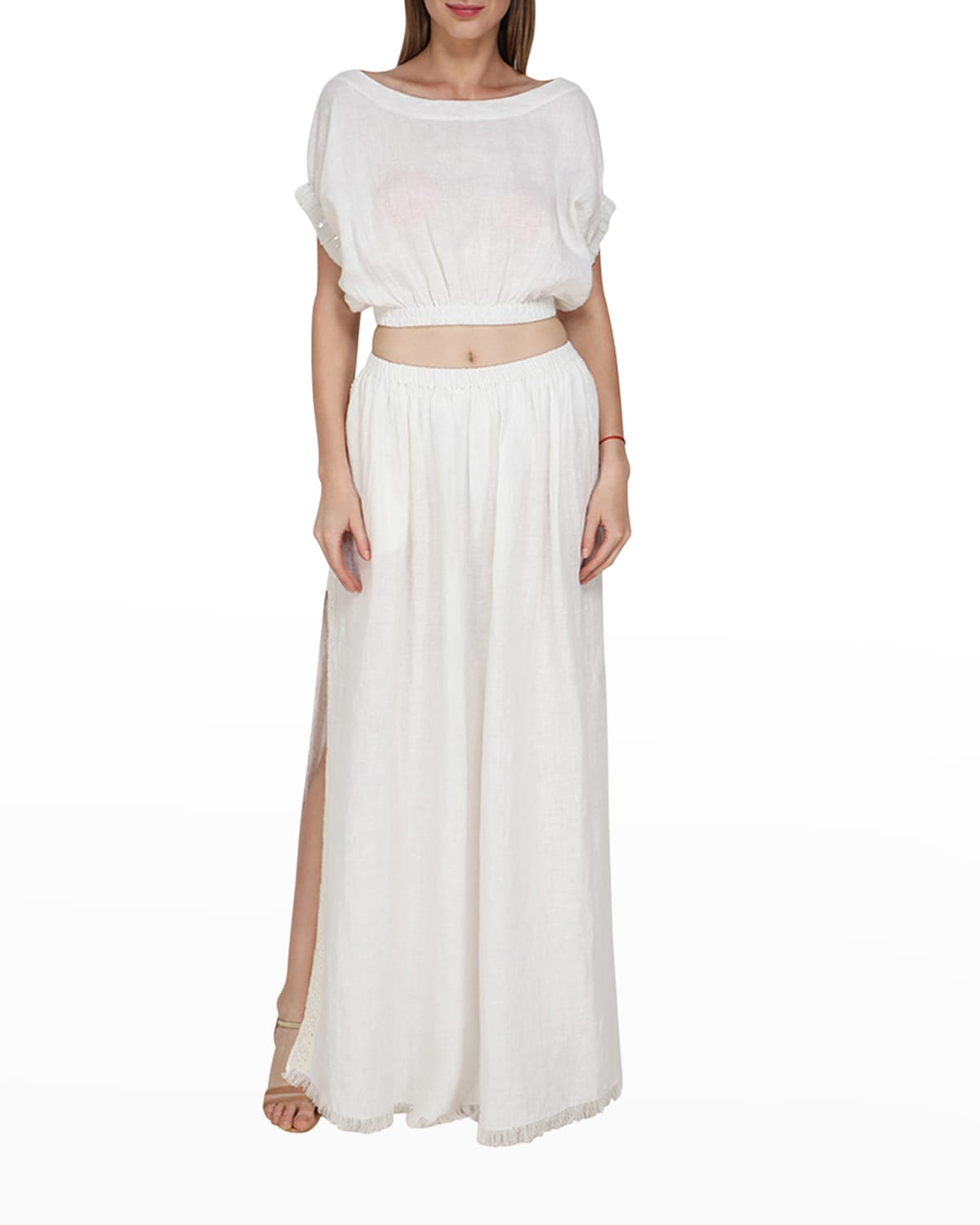 Flora Bella Brava Linen Elastic Waist Skirt w/ Sequin-Lace Insets