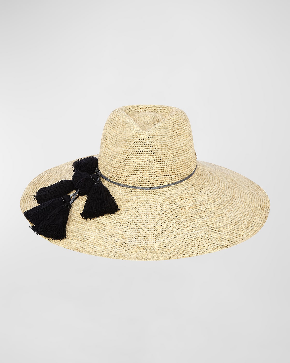Florabella Nicolette Wide-brim Crochet Raffia Rancher Hat W/ Leather Tassel Band In Natural/black