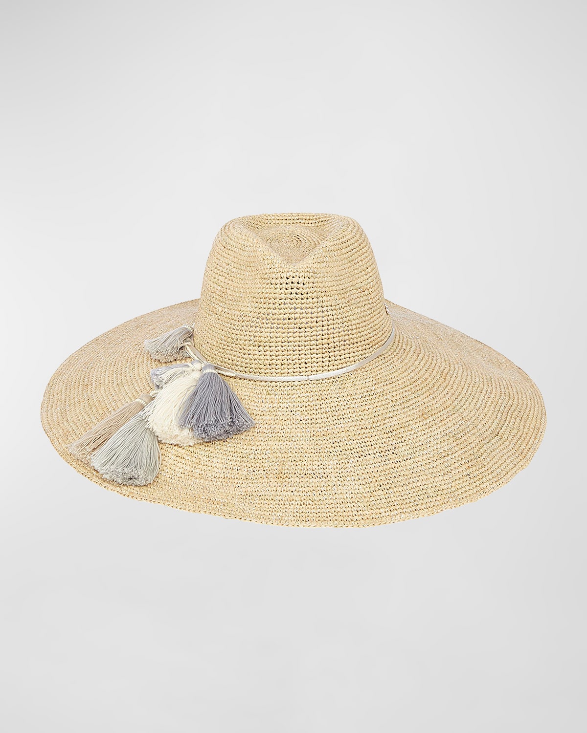 Florabella Nicolette Wide-brim Crochet Raffia Rancher Hat W/ Leather Tassel Band In Natural/silver/gr