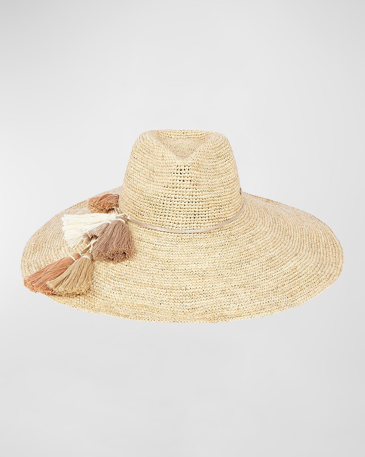 Florabella Nicolette Wide-brim Crochet Raffia Rancher Hat W/ Leather Tassel Band In Natural/gold/parf