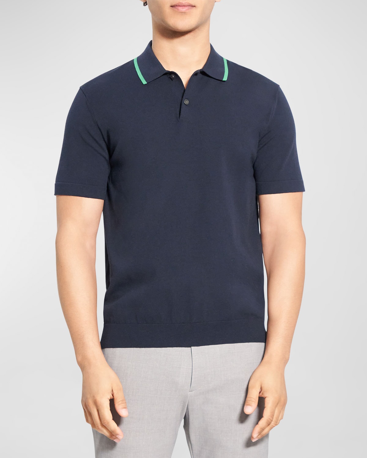 Theory Goris Tipped Solid Polo In Blt/jd Grn
