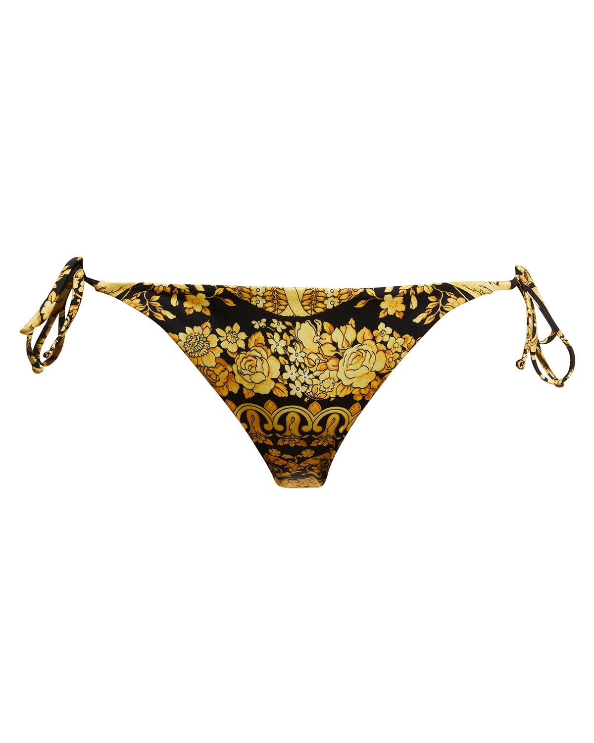 Versace Barocco-print Side-tie Bikini Bottoms In Gold Print