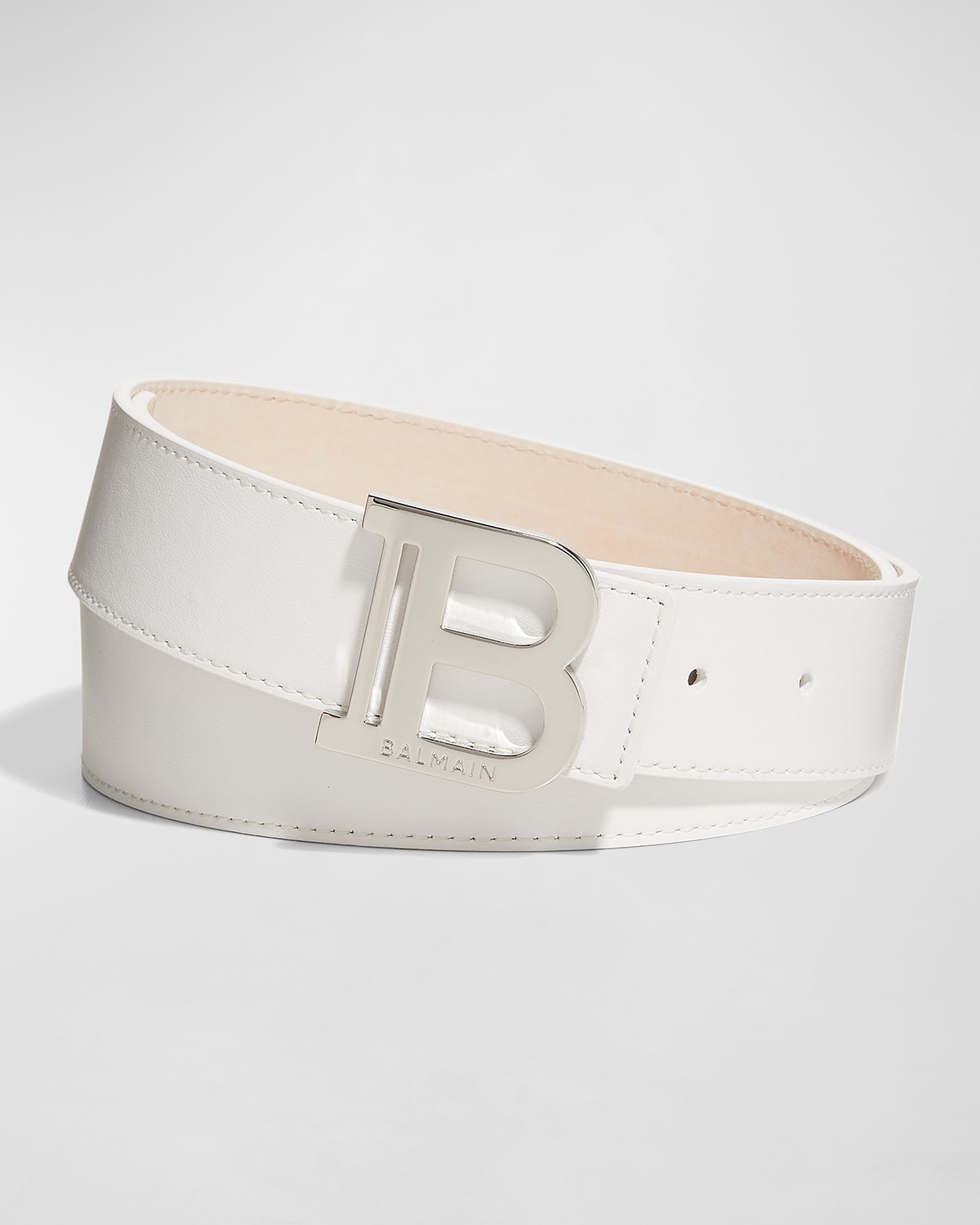 Balmain Men's B-buckle Calfskin Belt In White