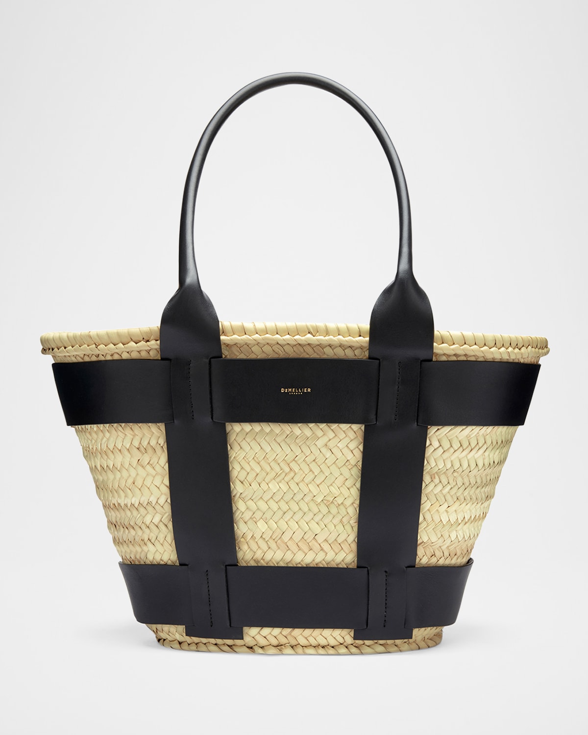 Demellier Santorini Caged Raffia Tote Bag In Black Smooth