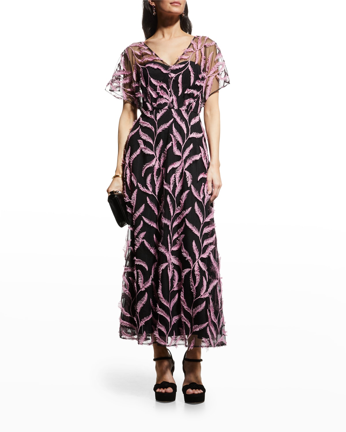 Lela Rose Fringe embroidered Flutter sleeve Illusion Dress In Orchid ModeSens