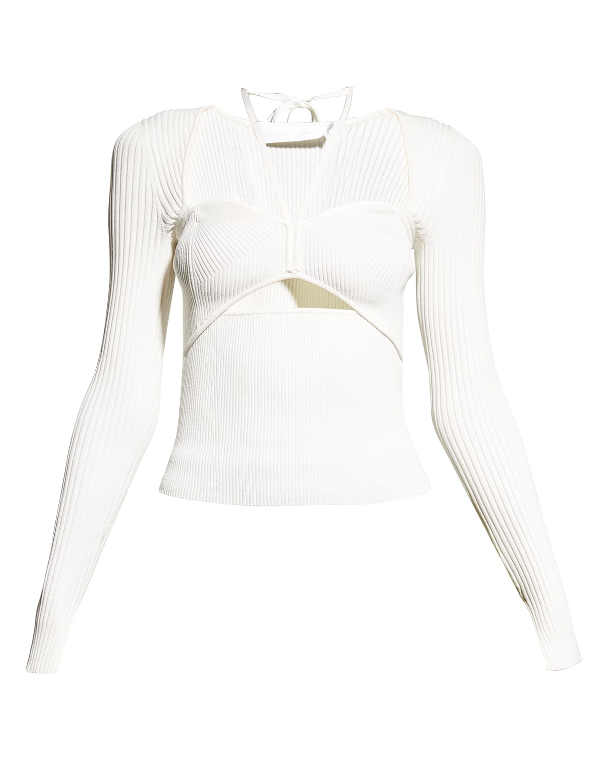 JONATHAN SIMKHAI ALEXIA RIBBED LONG-SLEEVE SELF-TIE HALTER TOP