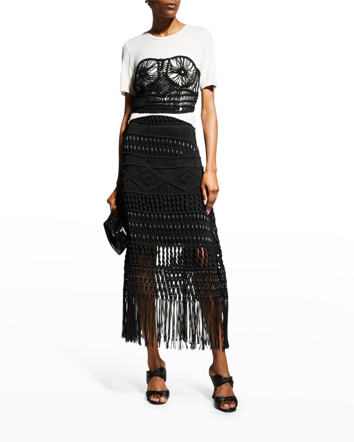 JONATHAN SIMKHAI ABBEY MACRAME FRINGE BEADED MIDI SKIRT