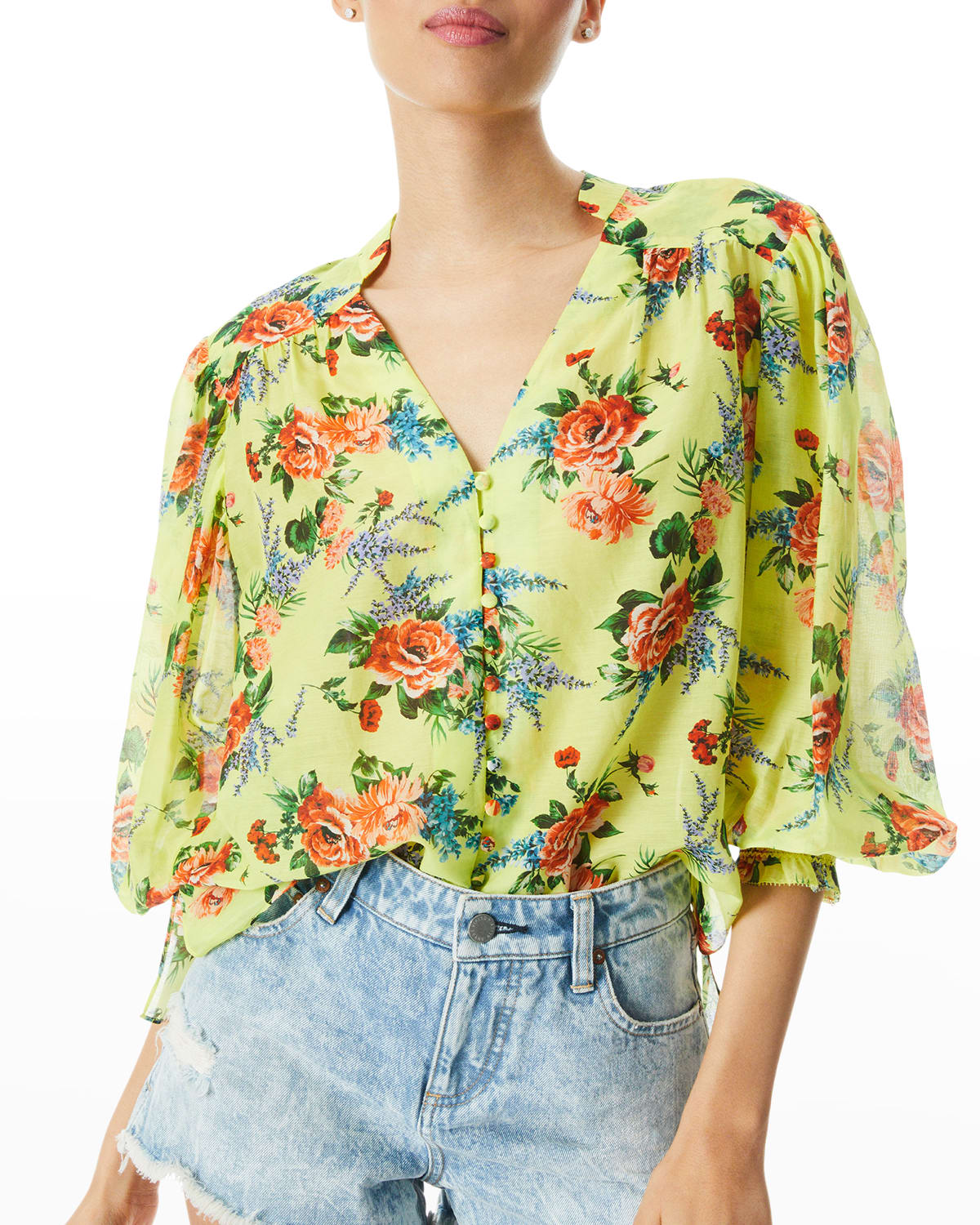 Alice And Olivia Serena Smocked Floral-print Cotton And Silk-blend Blouse In Floral Express Le