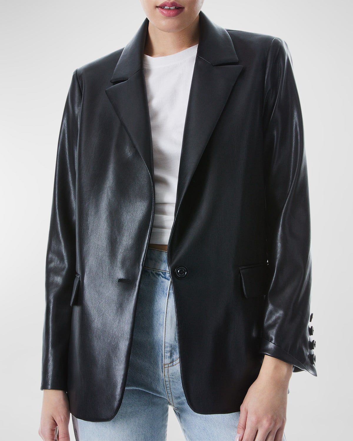 Alice And Olivia Mya Vegan Leather Notched Collar Blazer In Black