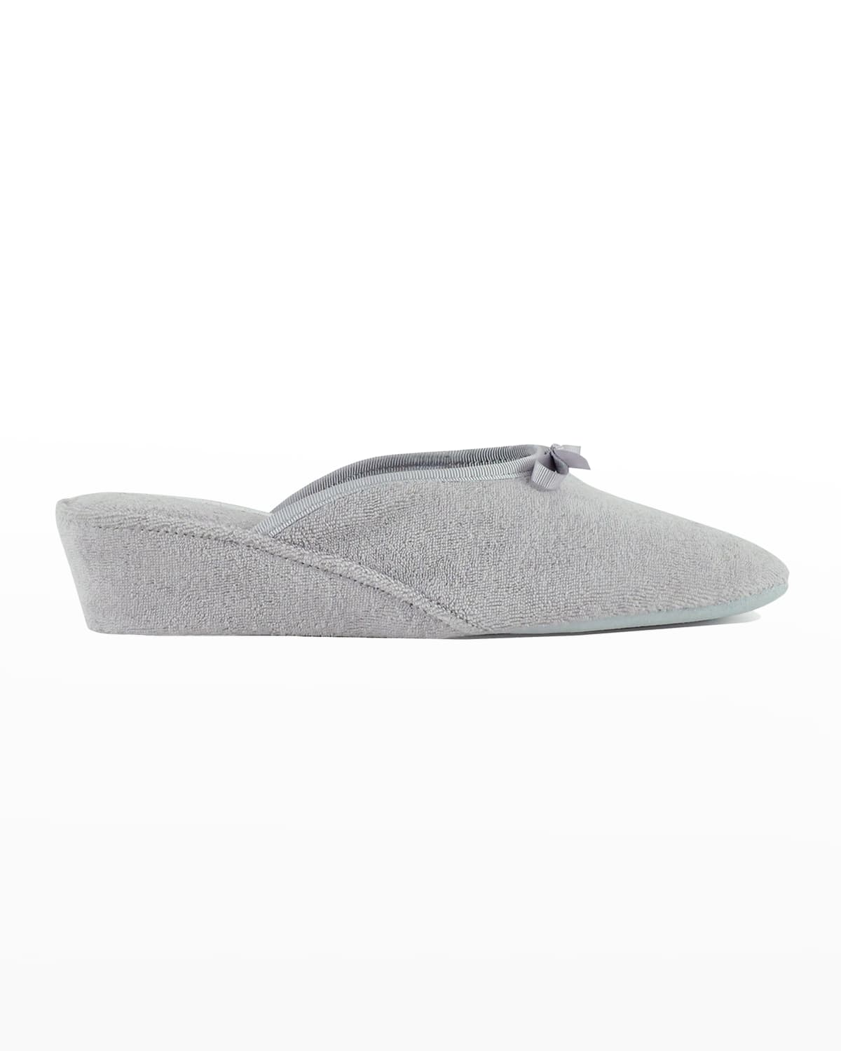 Jacques Levine Terrycloth Wedge Slippers W/ Bow In Grey