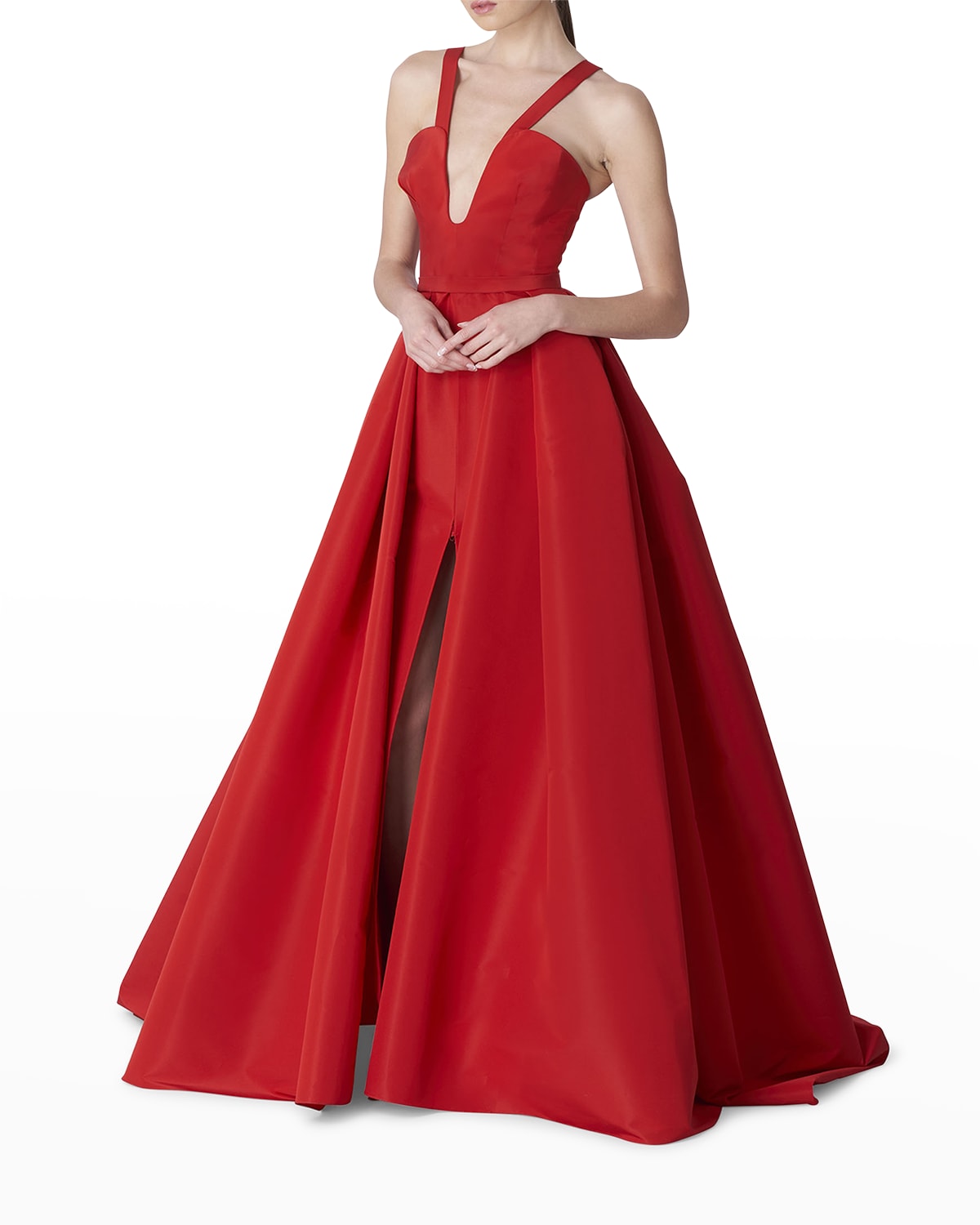 Plunging Pleated Overskirt Bustier Gown